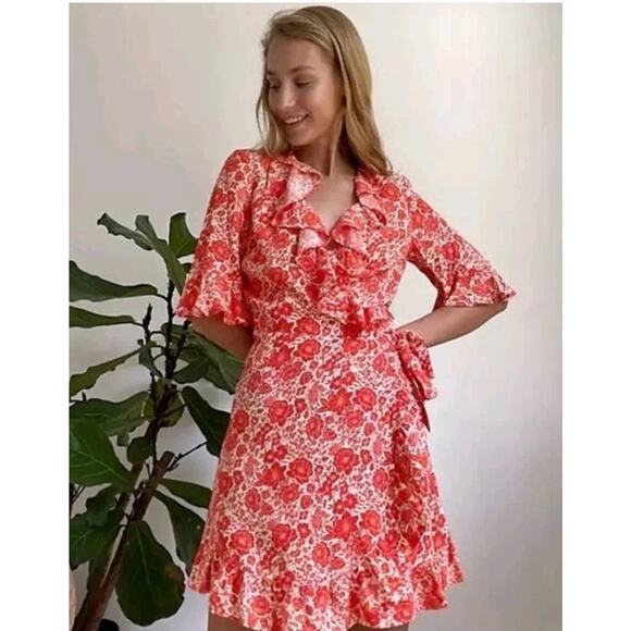 Topshop Womens Wrap Mini Dress 8 ruffle Red Floral Flutter Sleeve Feminine Boho - Picture 7 of 9